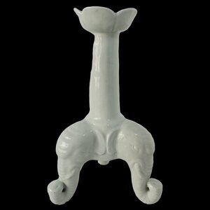 Vintage Celedon Ceramic Candle Holder 3 Headed Elephant Tripod Base 11.25" x 7"